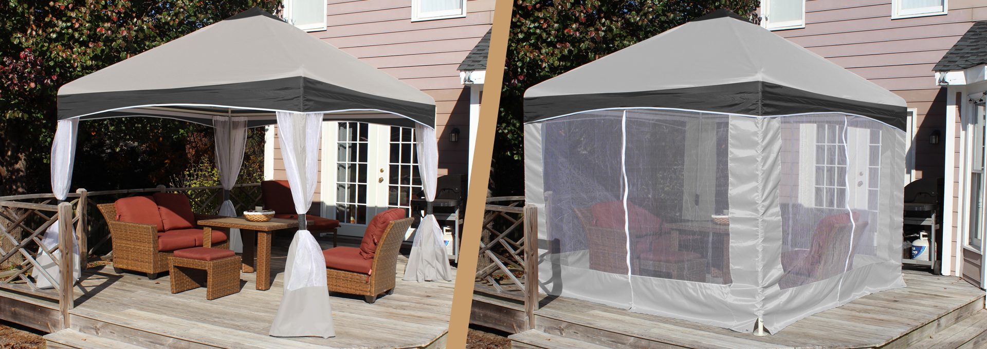 King Canopy canopies with side walls and screen room on a deck
