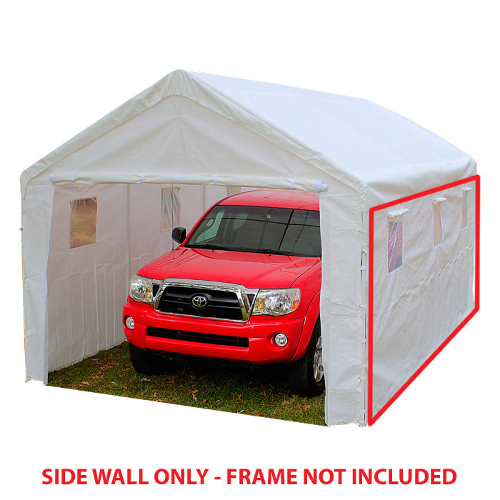 10 ft x 20 ft White Side Wall with Windows FR6 installed on canopy sheltering a pickup truck