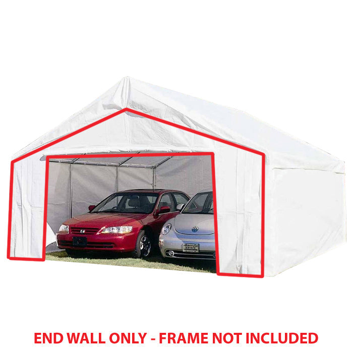 18 ft White End Wall with Flaps and Zippers on enclosed canopy with two cars inside